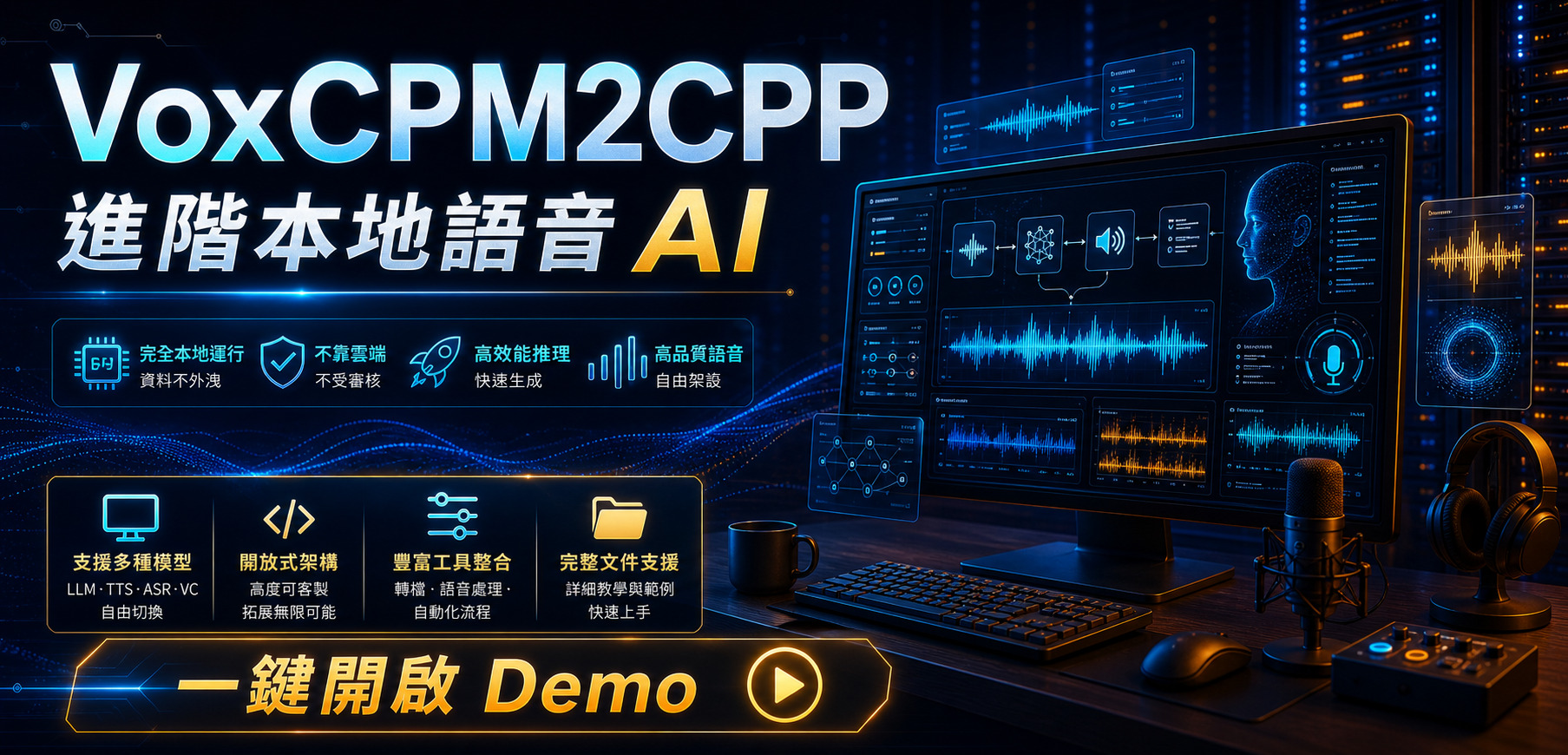VoxCPM2CPP 進階本地語音 AI 示範廣告圖